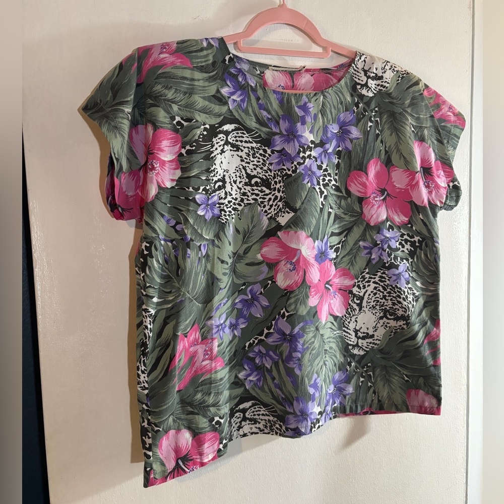 Vintage blouse, Large, tropical, leopard